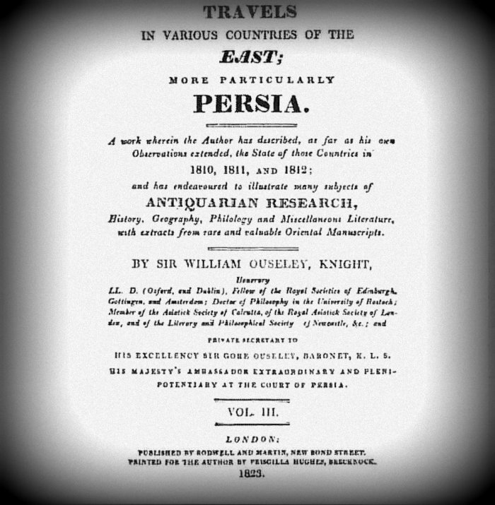پشت جلد «سفر به ممالک مختلف شرق و بخصوص ایران» اثر سر ویلیام اوزلی، 1823، لندن