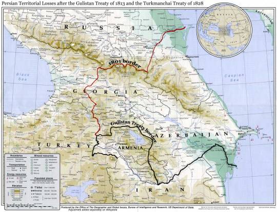 خسارات ارضی ایران در پی عهدنامه 1813 گلستان و 1828 عهدنامه ترکمنچای This image is a copy or a derivative work of caucasus_region_1994.jpg, from the map collection of the Perry-Castañeda Library (PCL) of the University of Texas at Austin. Office of the Geographer and Global Issues, Bureau of Intelligence and Research, US Department of State