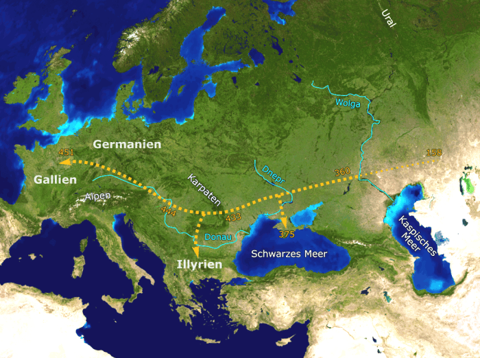 مسیر کوچ های قبایل گوناگون هون در سده های میانه